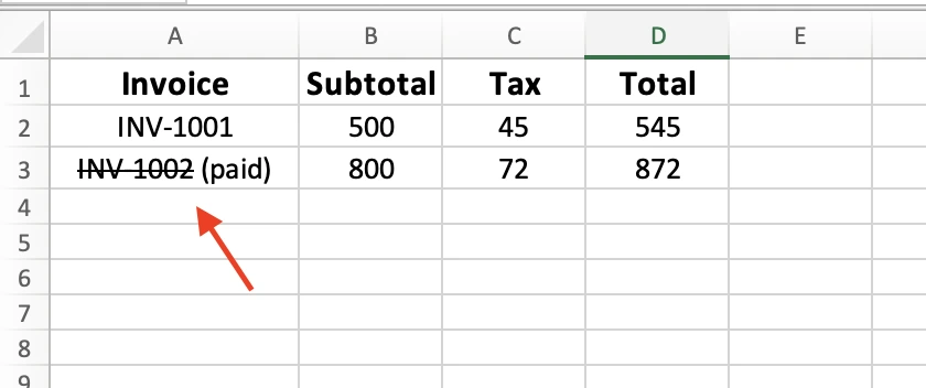Strikethrough applied to part of the text inside a cell