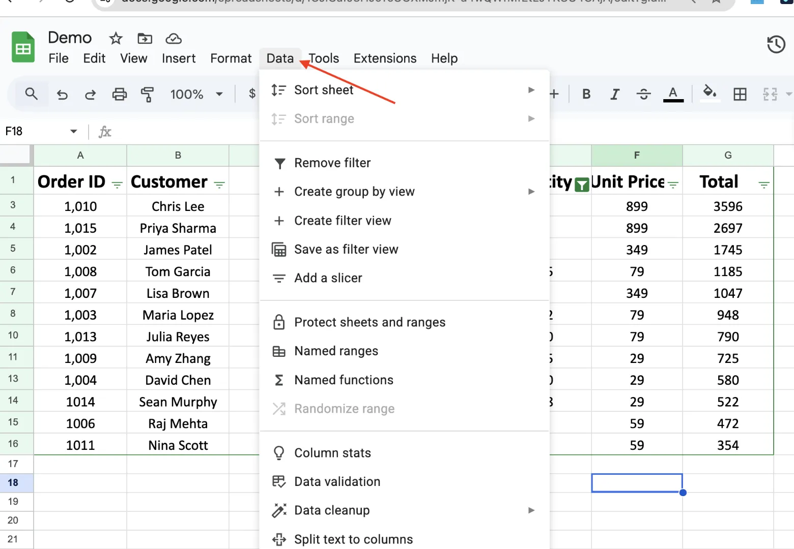 Data menu in Google Sheets