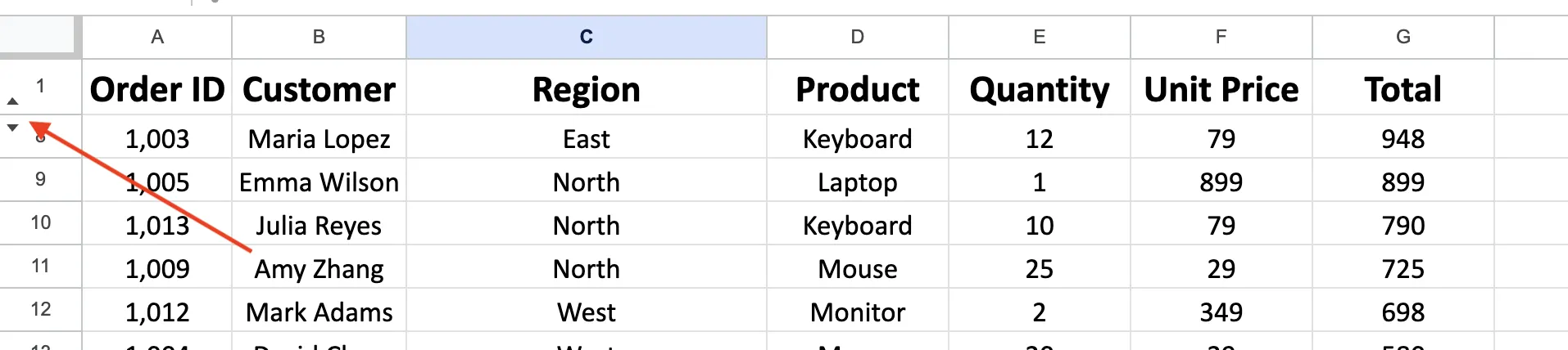 Hidden rows shown by skipped row numbers in Google Sheets