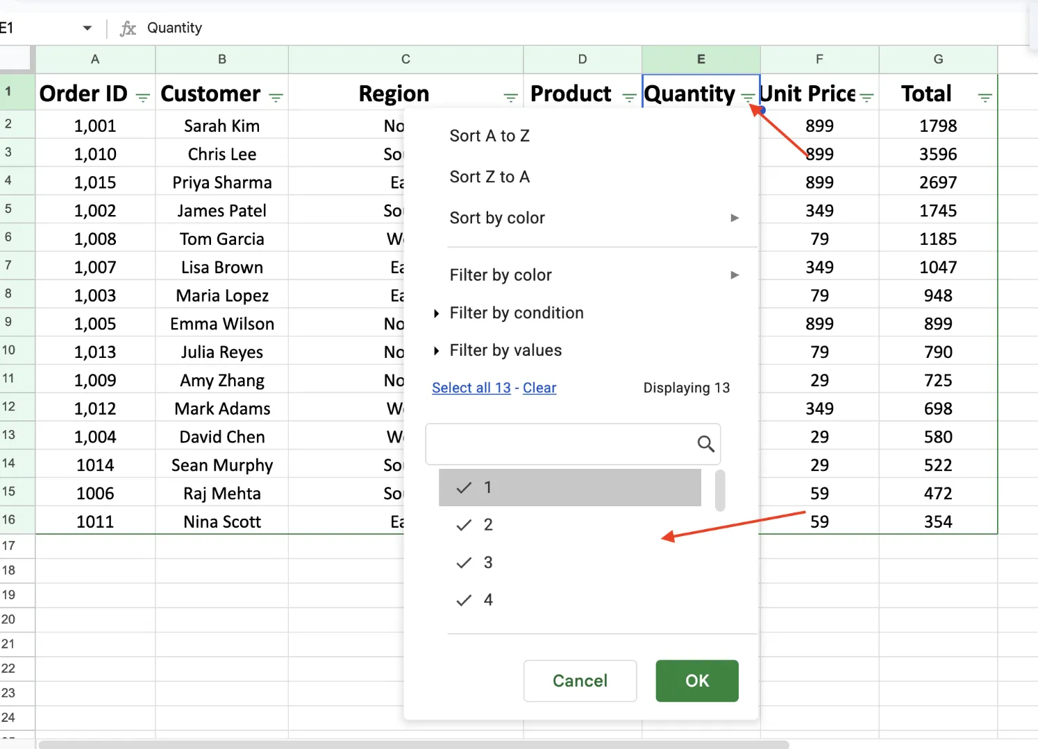 Combined hidden rows and filtered rows example
