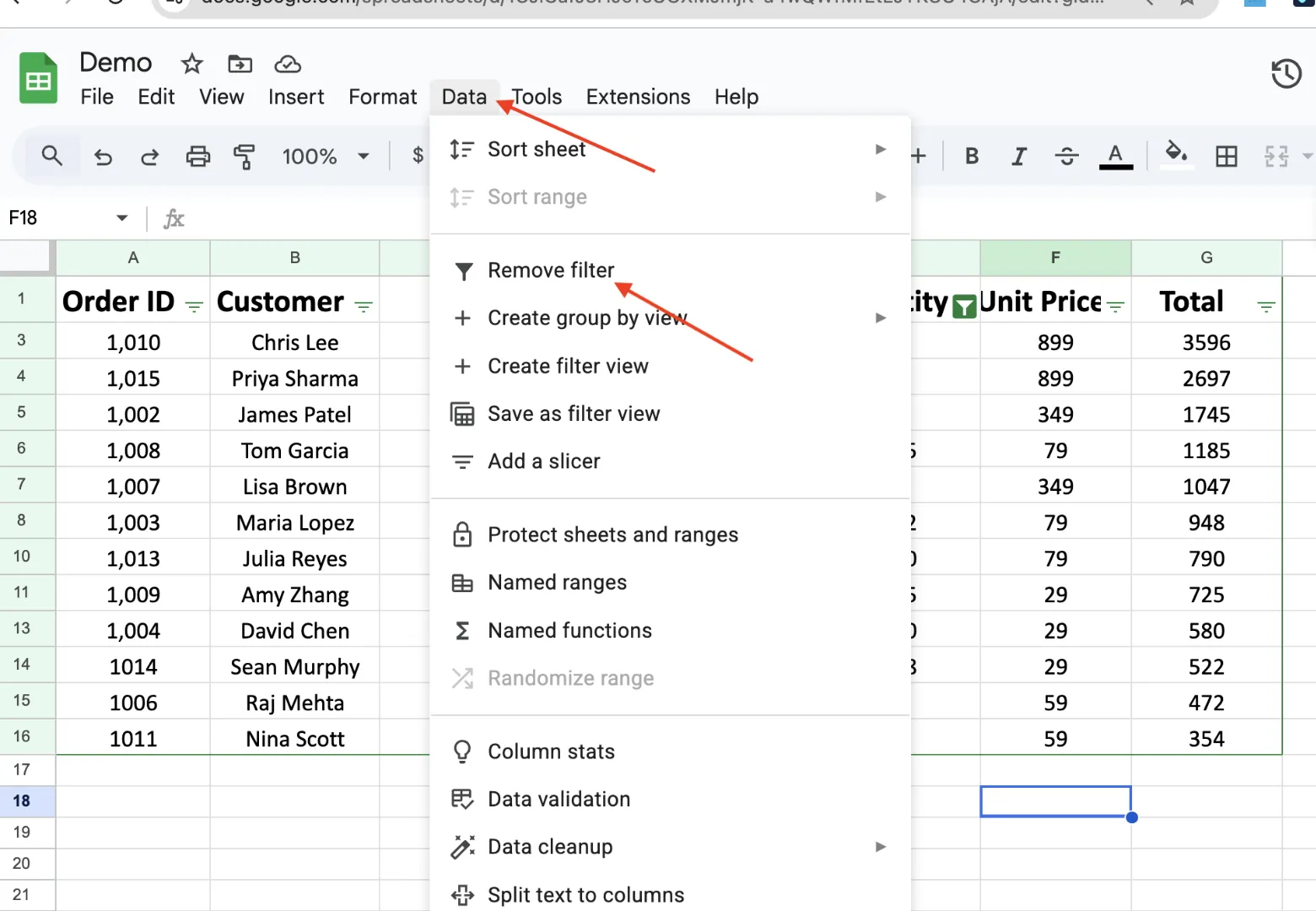 Remove filter option in Google Sheets
