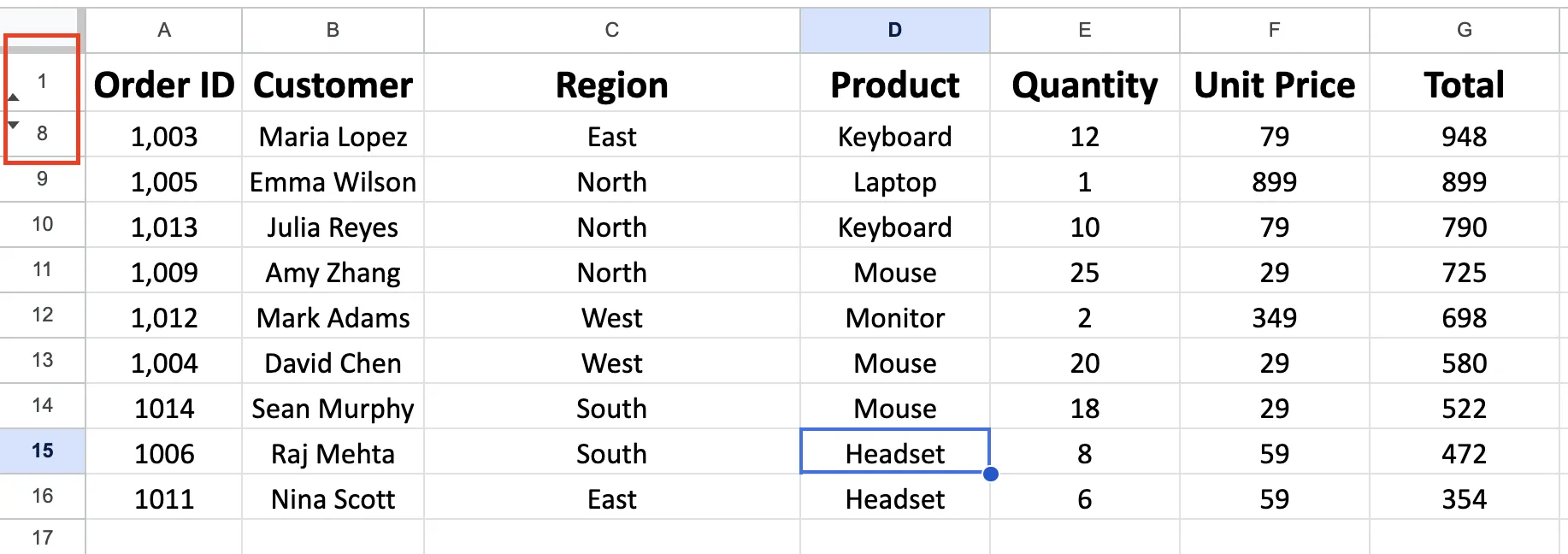 Select rows around hidden range in Google Sheets