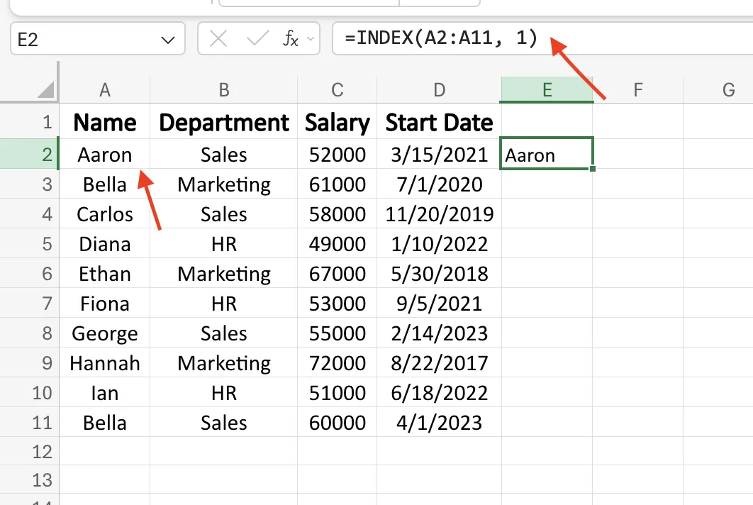 The INDEX function returning the value found at position 1 in a range