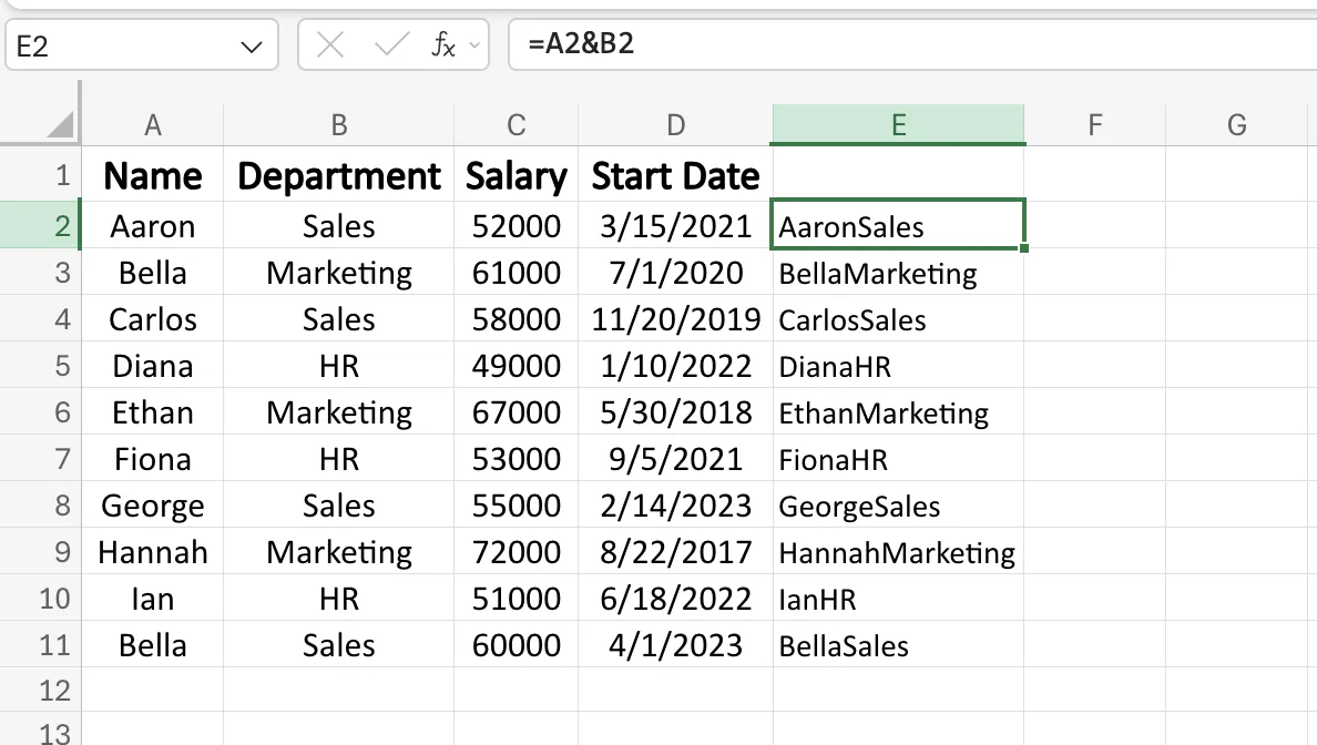 A helper column joining each employee's name and department into a single value
