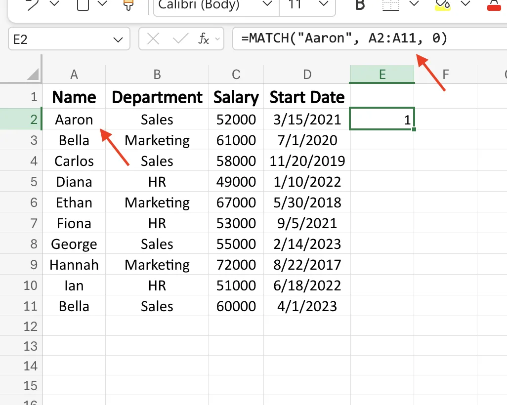 The MATCH function returning the position of the name Aaron in a list of employees