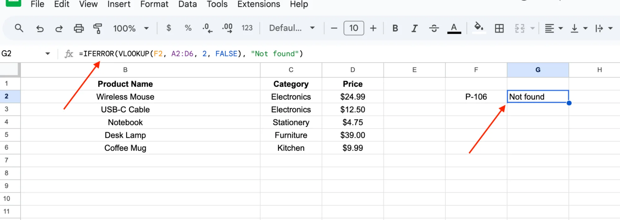 The sheet showing Not found instead of the #N/A error