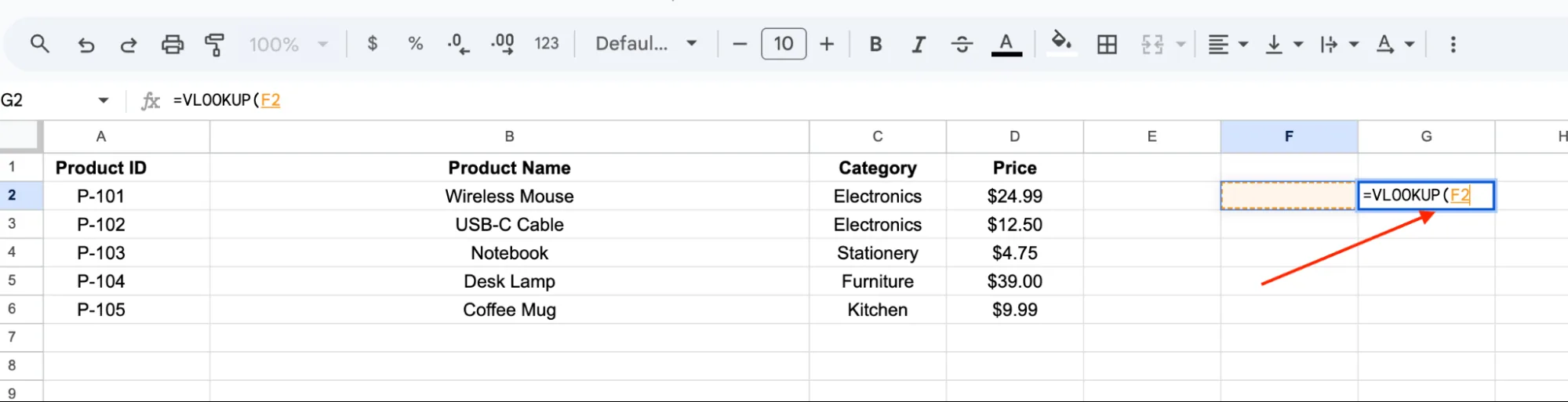 Selecting cell F2 as the search_key for VLOOKUP