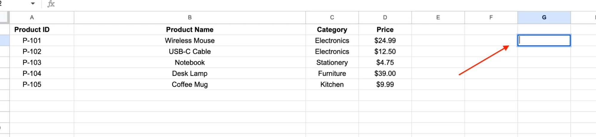 Clicking cell G2 where the VLOOKUP result will appear
