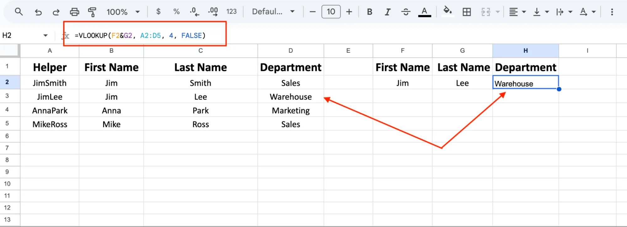 A VLOOKUP using F2&G2 to match on two columns at once