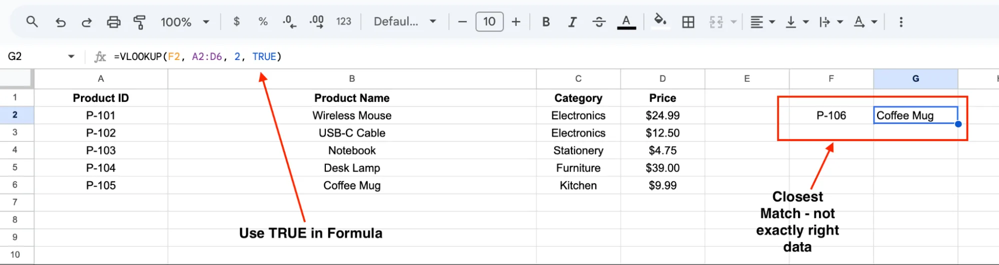 A VLOOKUP set to TRUE returning the closest match on sorted data