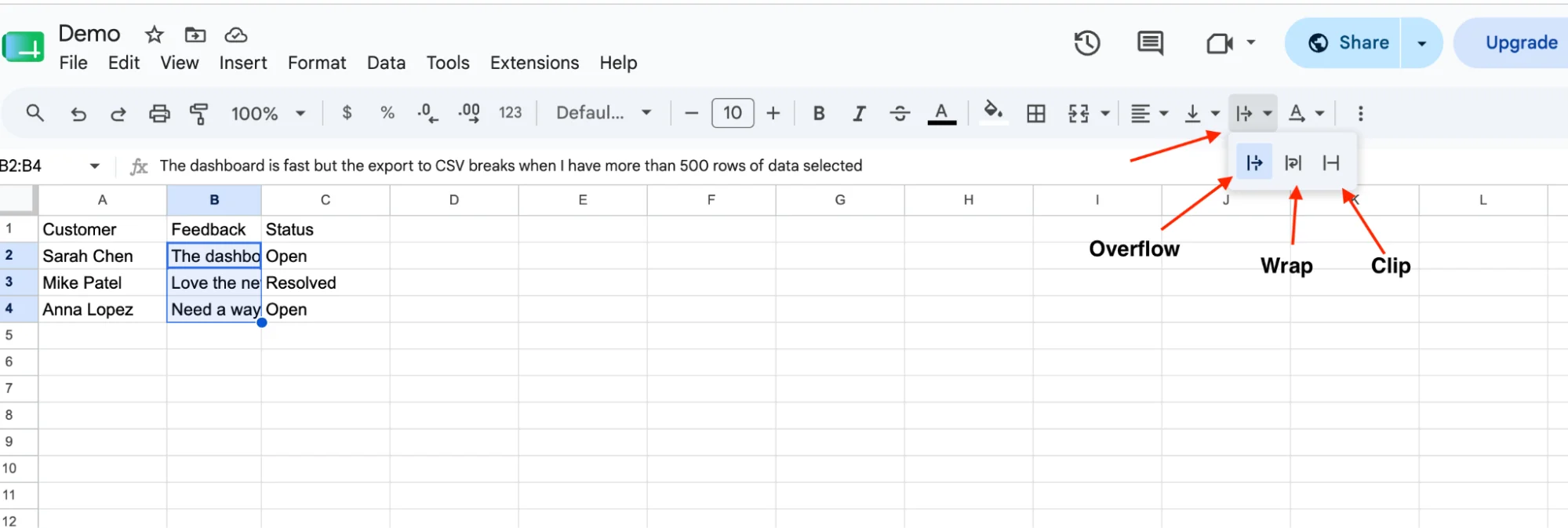 Text wrapping dropdown showing Overflow, Wrap, and Clip