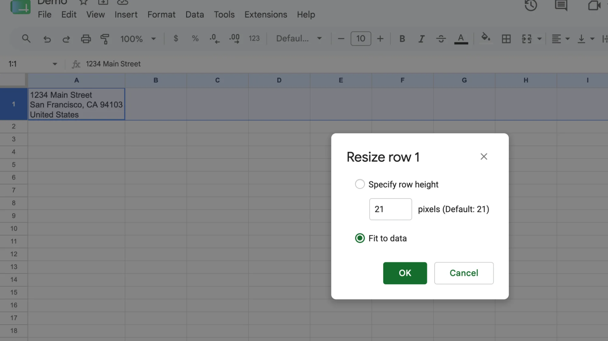 Resizing a row to fit wrapped text in Google Sheets