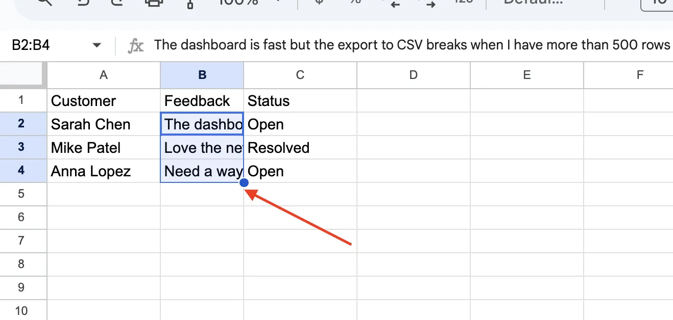 Selecting a column in Google Sheets where the text overflows