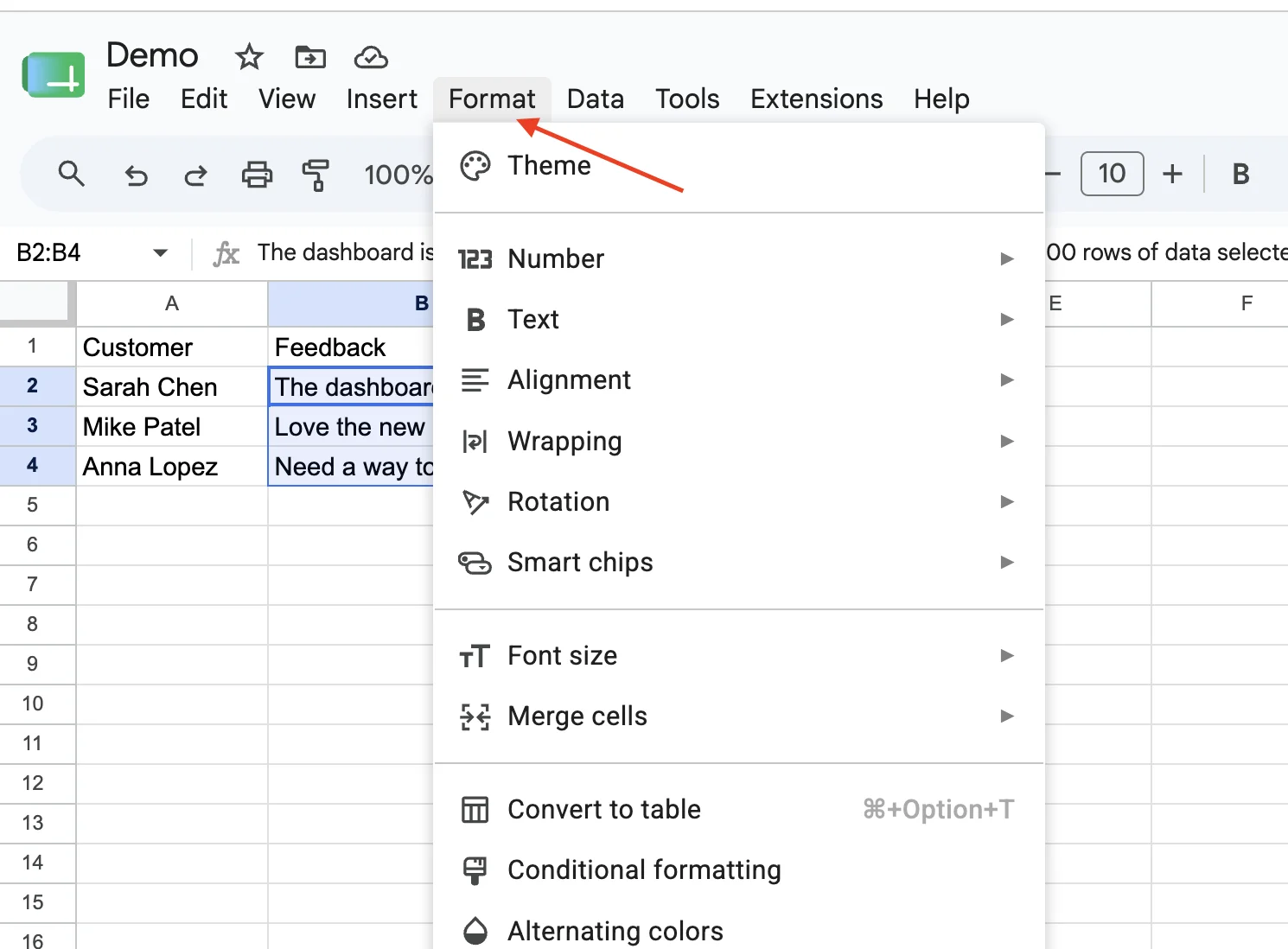 The Format menu open in Google Sheets