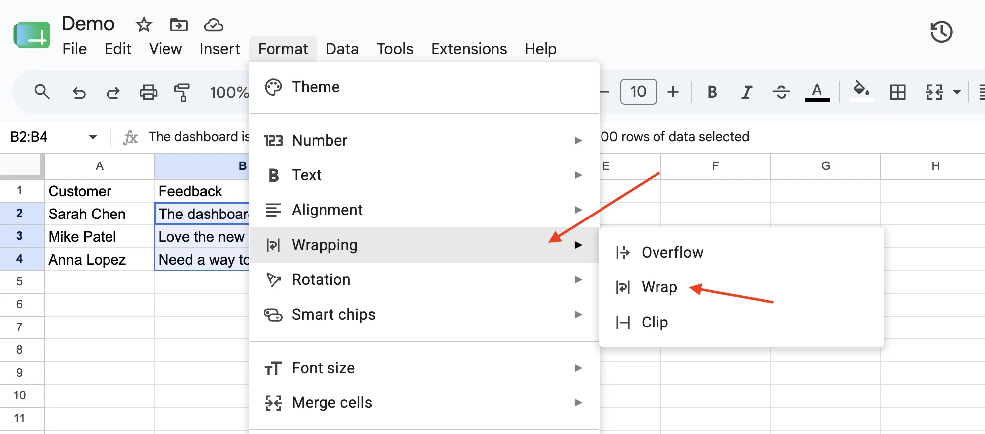 Selecting Wrap from the Format menu Wrapping submenu