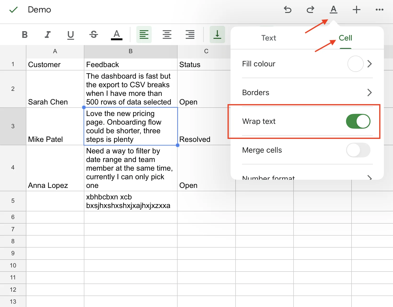 Wrap text toggle in the Google Sheets mobile app