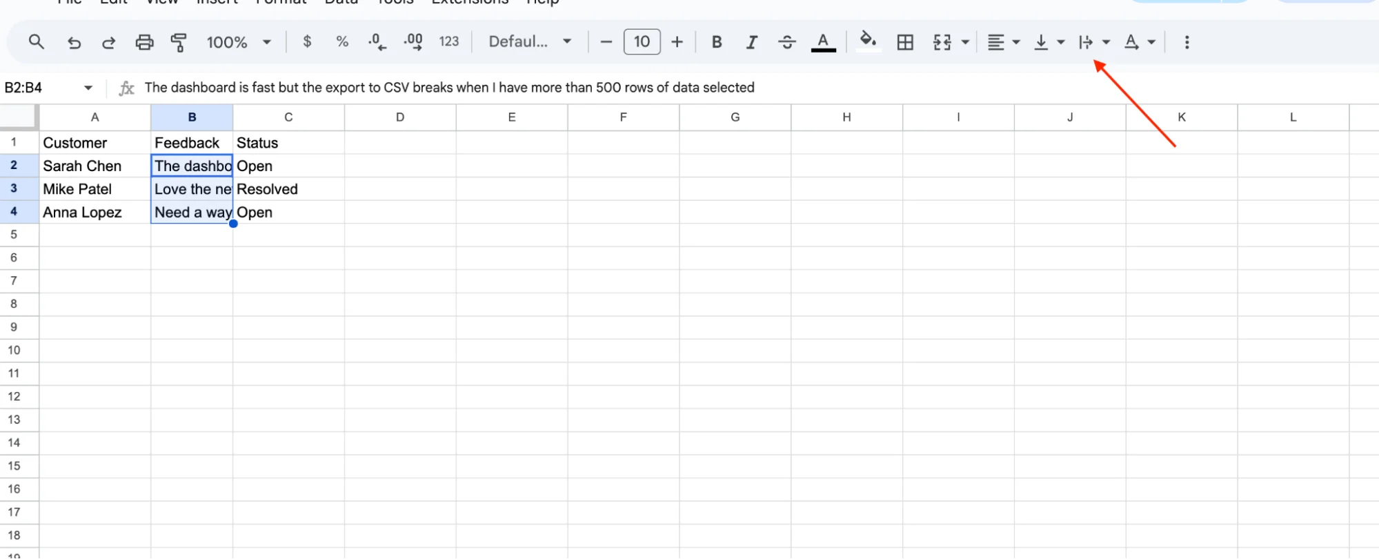 The Text Wrapping icon in the Google Sheets toolbar