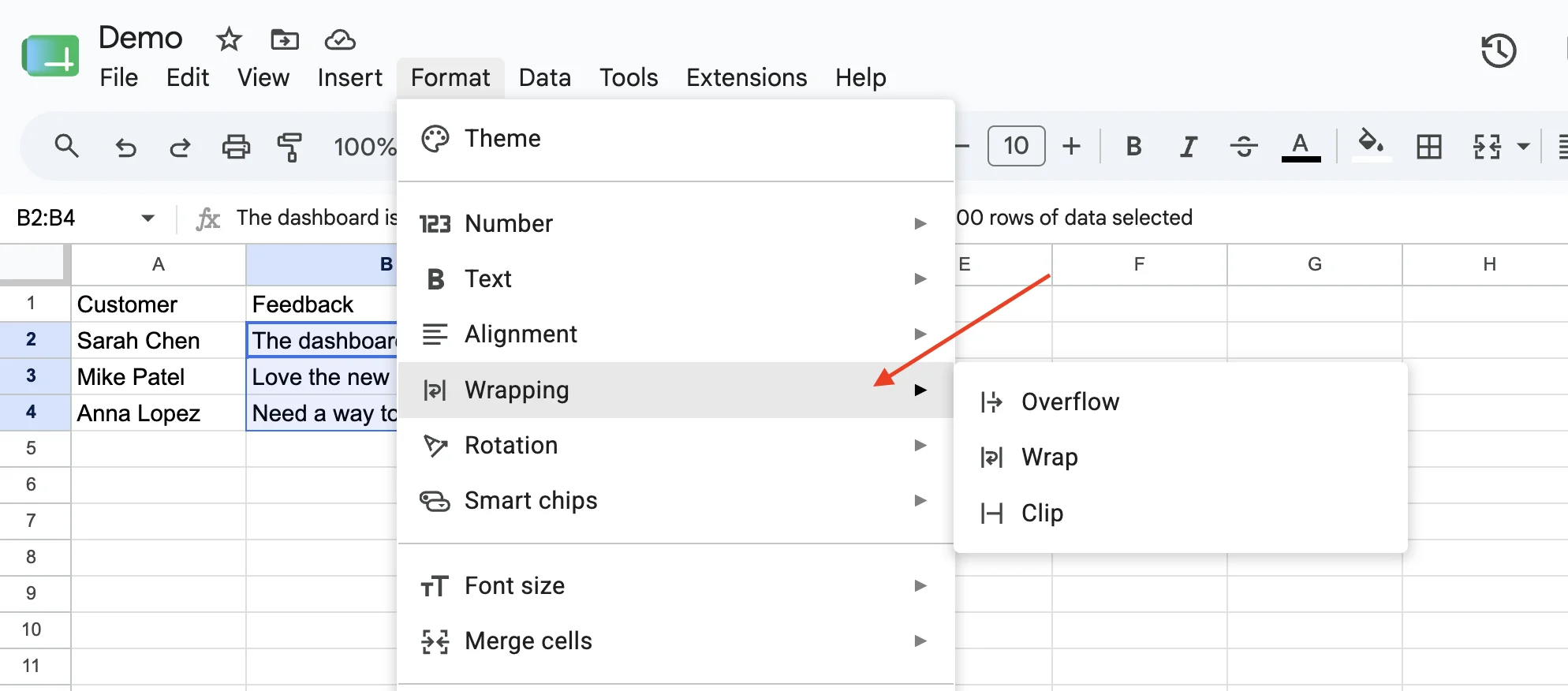 Wrapping submenu under Format showing Overflow, Wrap, and Clip