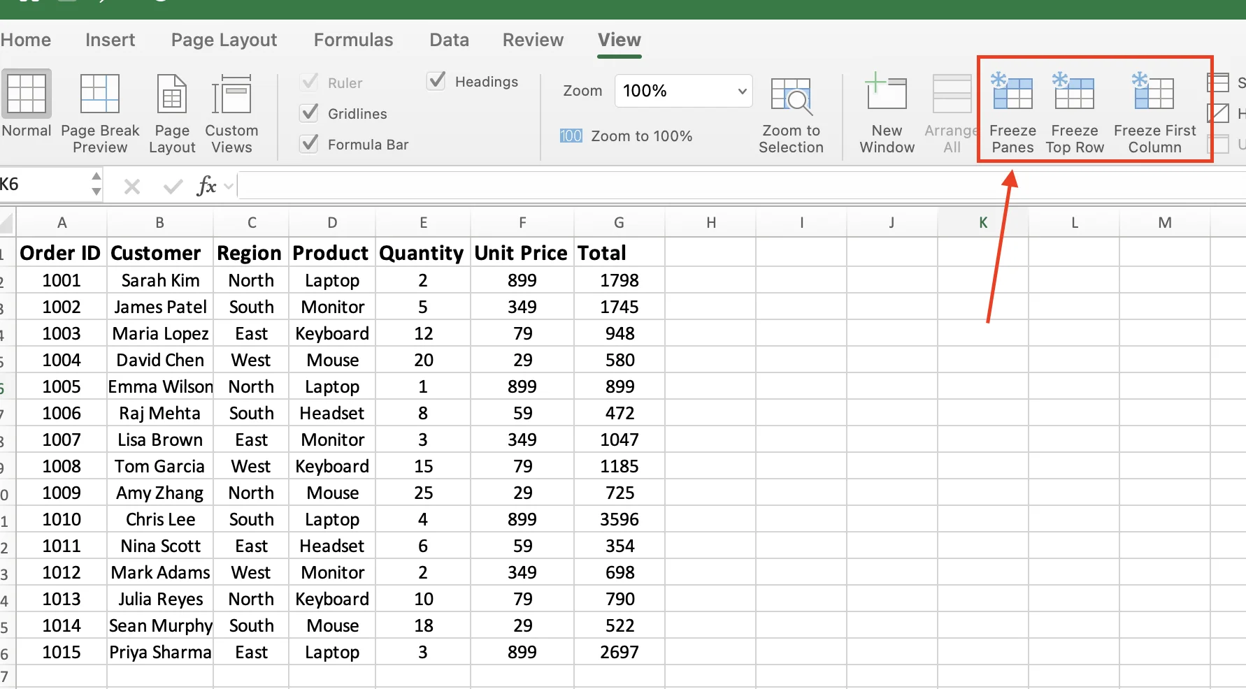 Freeze Panes options in Excel