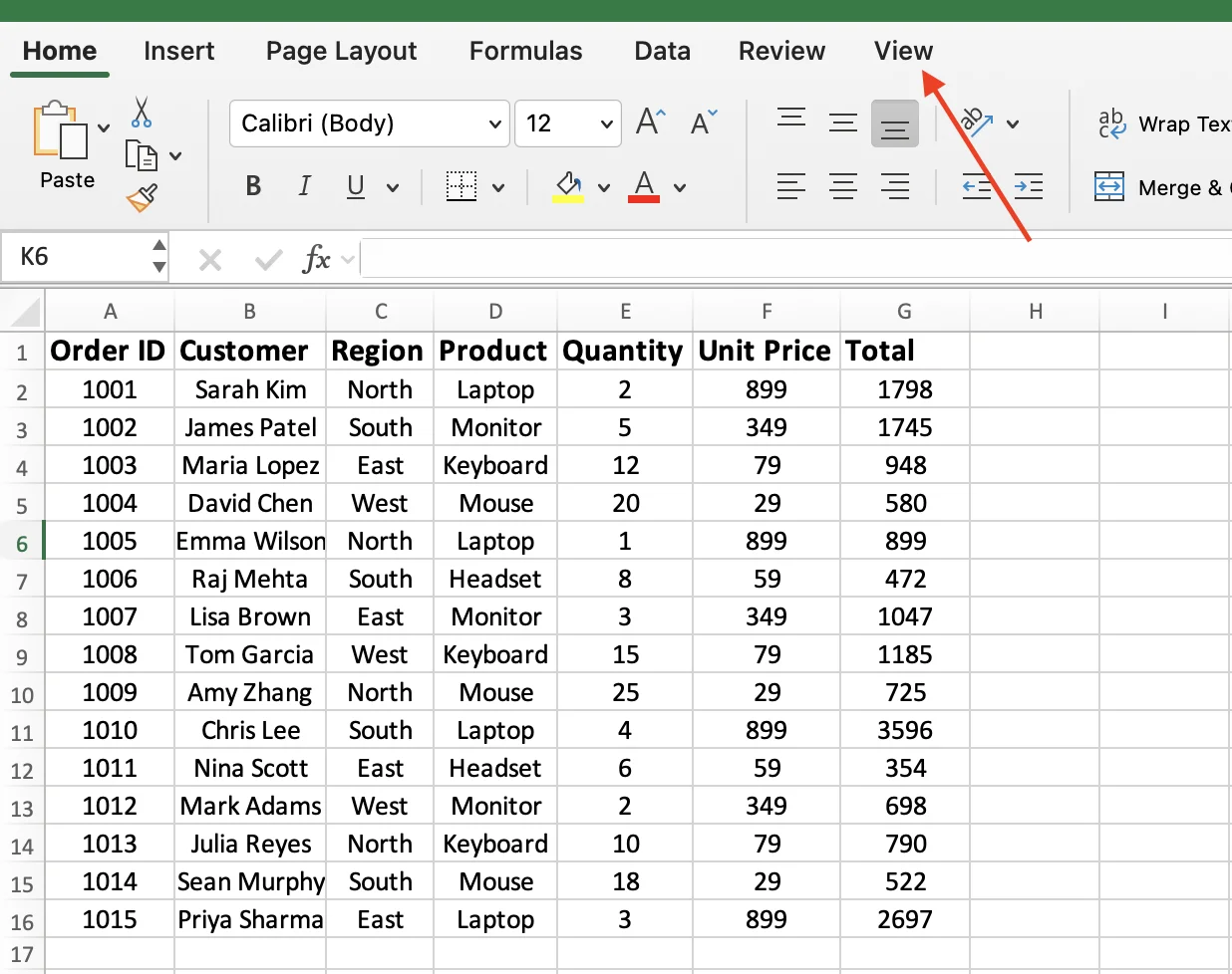 View tab in Excel ribbon