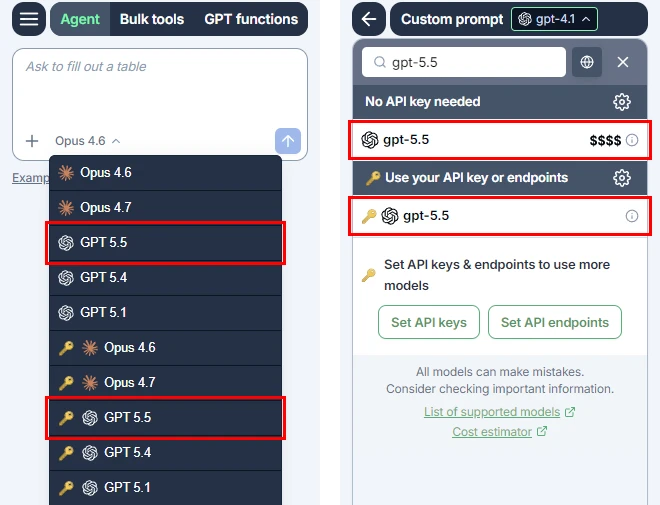 GPT-5.5 in the Agent model switcher and bulk tools model switcher in GPT for Excel