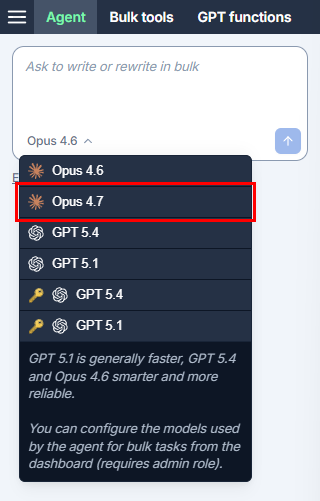 Anthropic Claude Opus 4.7 in the Agent model switcher in GPT for Excel