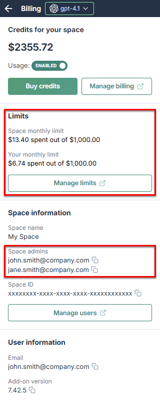 Billing page showing monthly spending limits and space admins