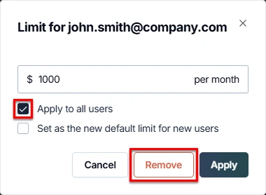 Remove all per-user monthly spending limits at once from the GPT for Work dashboard