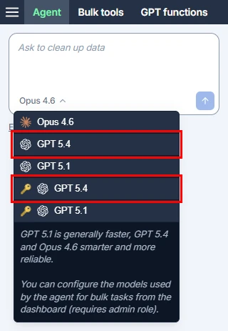 Select GPT-5.4 as the Agent model in GPT for Sheets and Excel