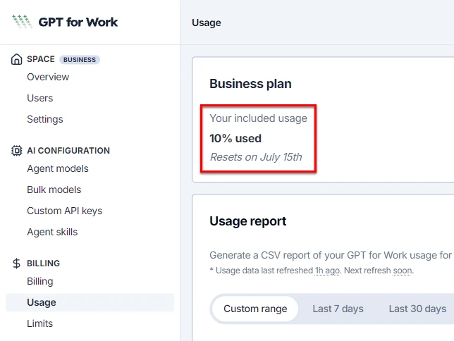 Monthly quota usage in the GPT for Work dashboard
