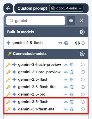 Bulk tools model switcher in GPT for Excel with Google Gemini 3.5 Flash and 3.1 Flash Lite