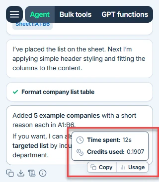 Usage statistics shown for an Agent run in GPT for Excel