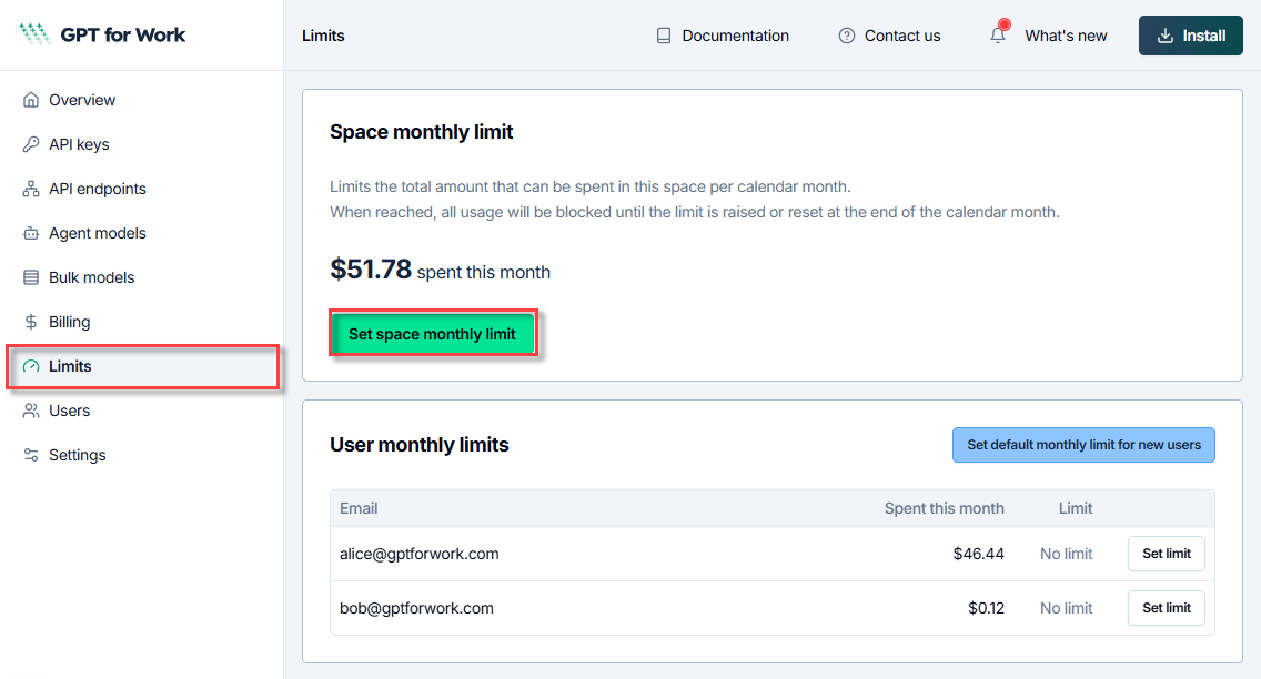 Set a monthly spending limit for your space (GPT for Work dashboard)