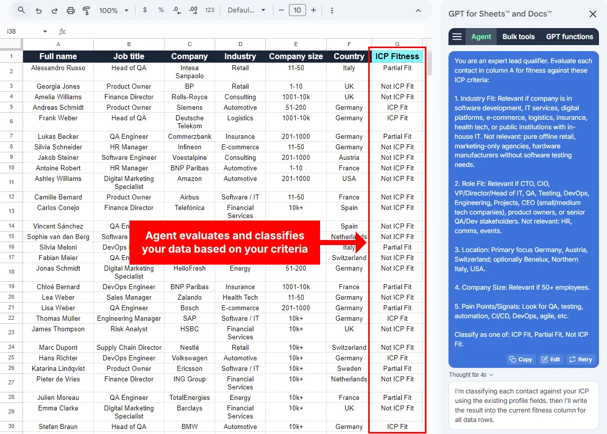 Agent evaluates and classifies spreadsheet data based on specific criteria in Google Sheets