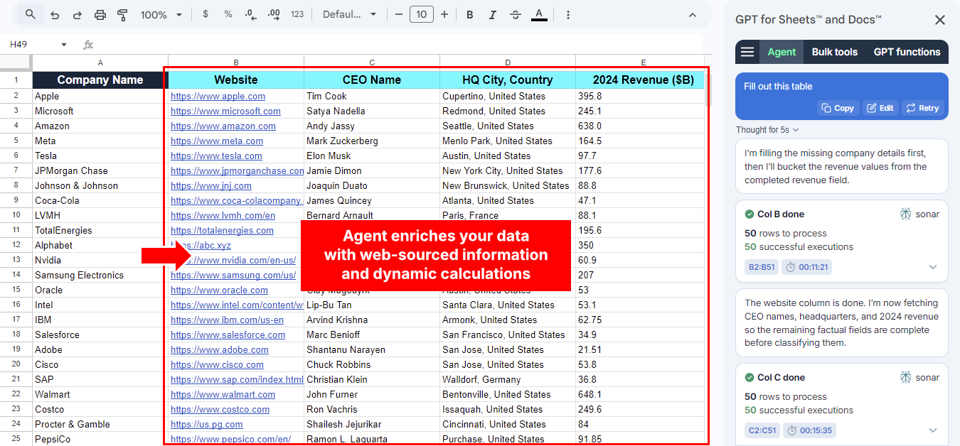 Agent enriches spreadsheet data with web-sourced information and dynamic calculations