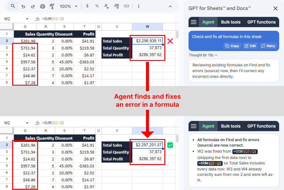 Agent finds and fixes a formula error in Google Sheets