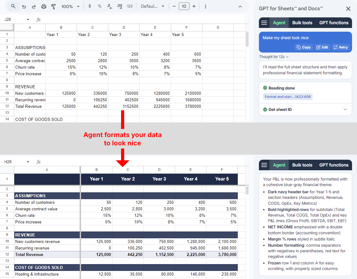 Agent formats a sheet to look nice in Google Sheets