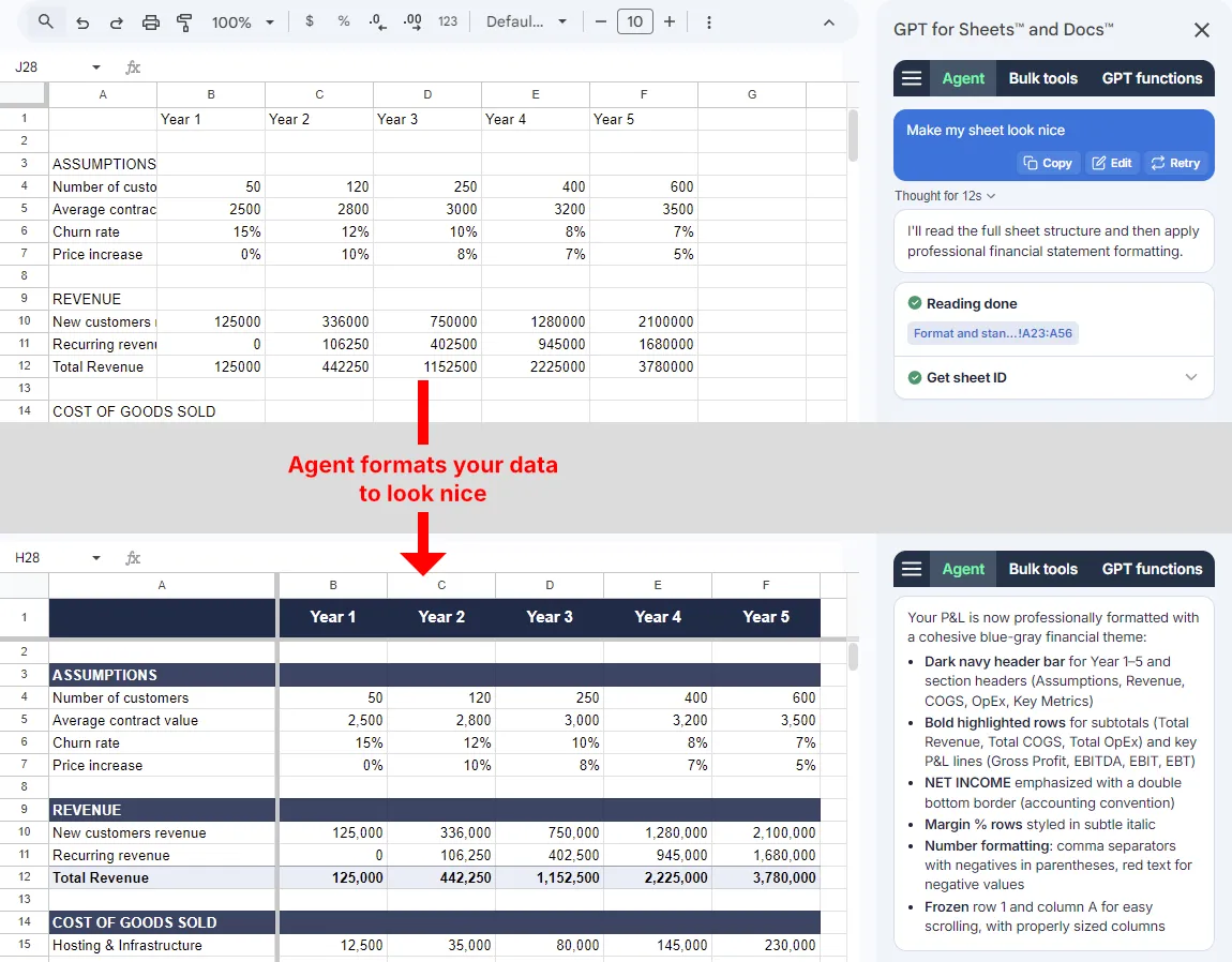 Agent formats a sheet to look nice in Google Sheets