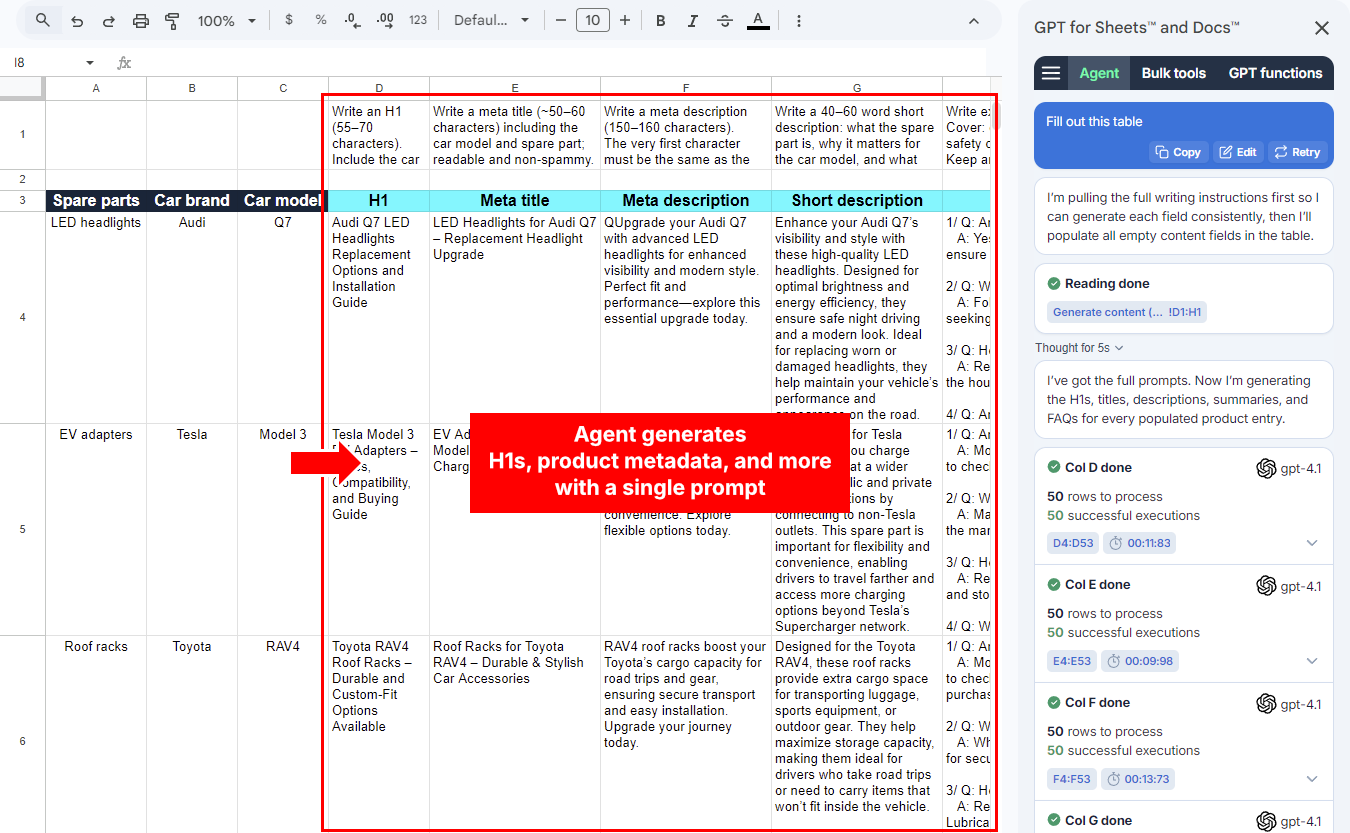 Agent generates H1s, product metadata, and FAQs in Google Sheets