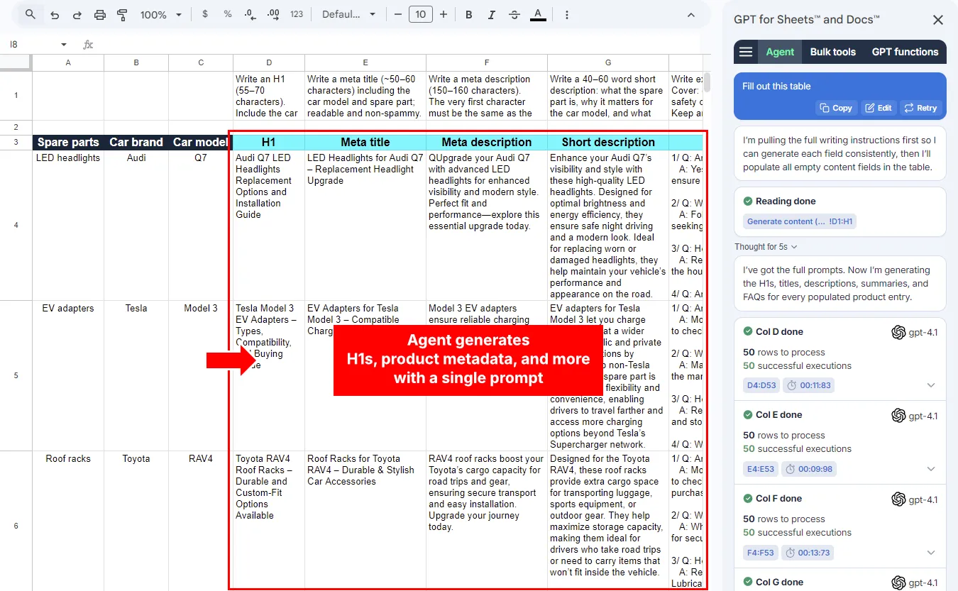 Agent generates H1s, product metadata, and FAQs in Google Sheets