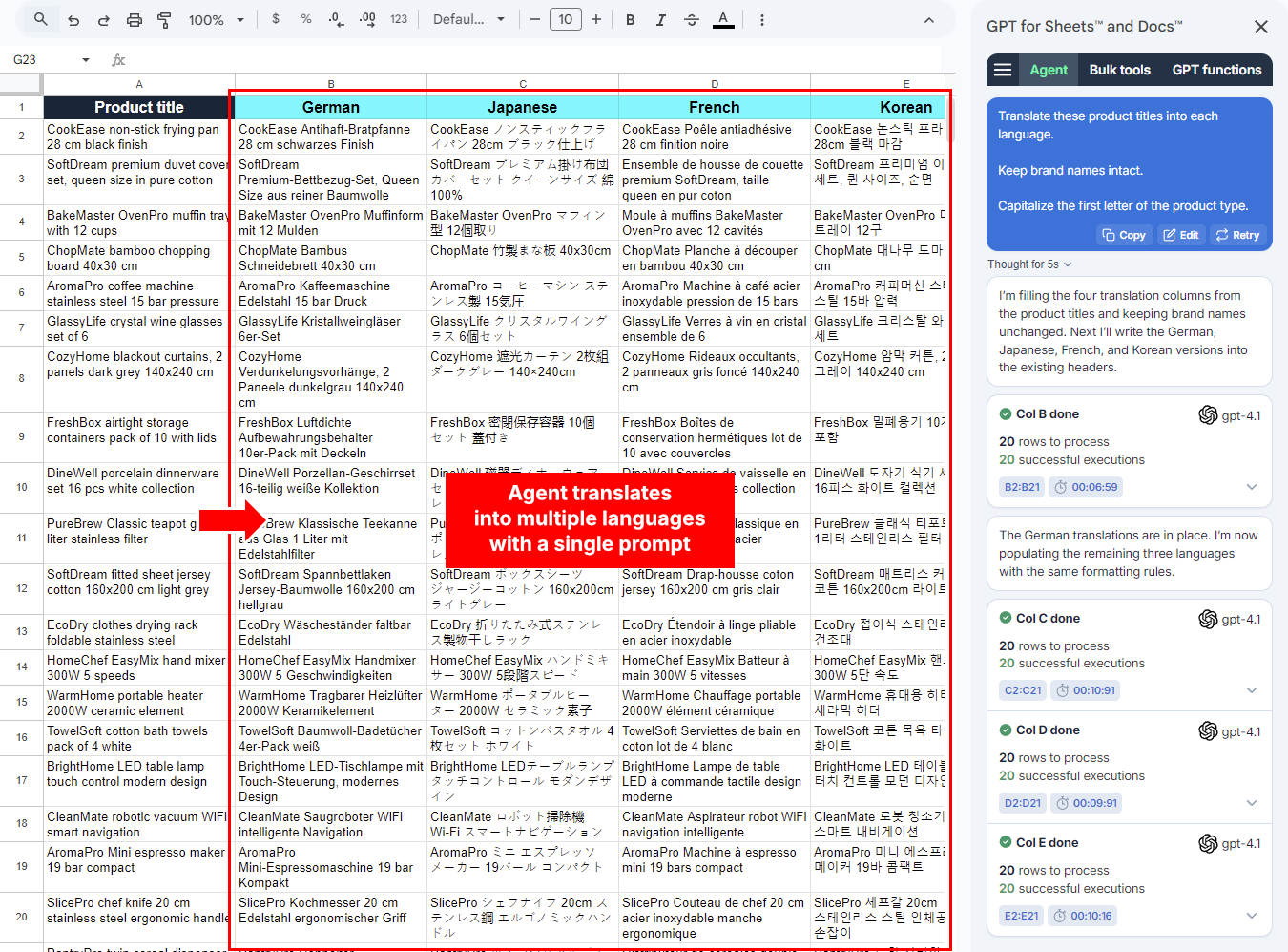 Agent translates source text into multiple target languages in Google Sheets