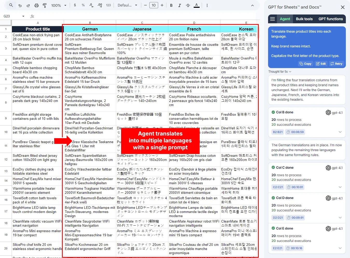 Agent translates source text into multiple target languages in Google Sheets