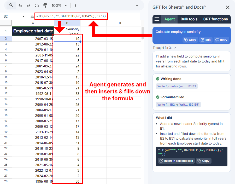 Agent generates, inserts, and fills a formula in Google Sheets