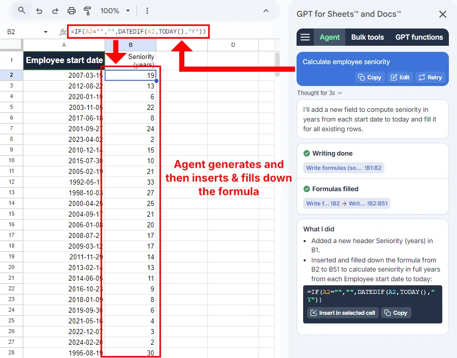 Agent generates, inserts, and fills a formula in Google Sheets