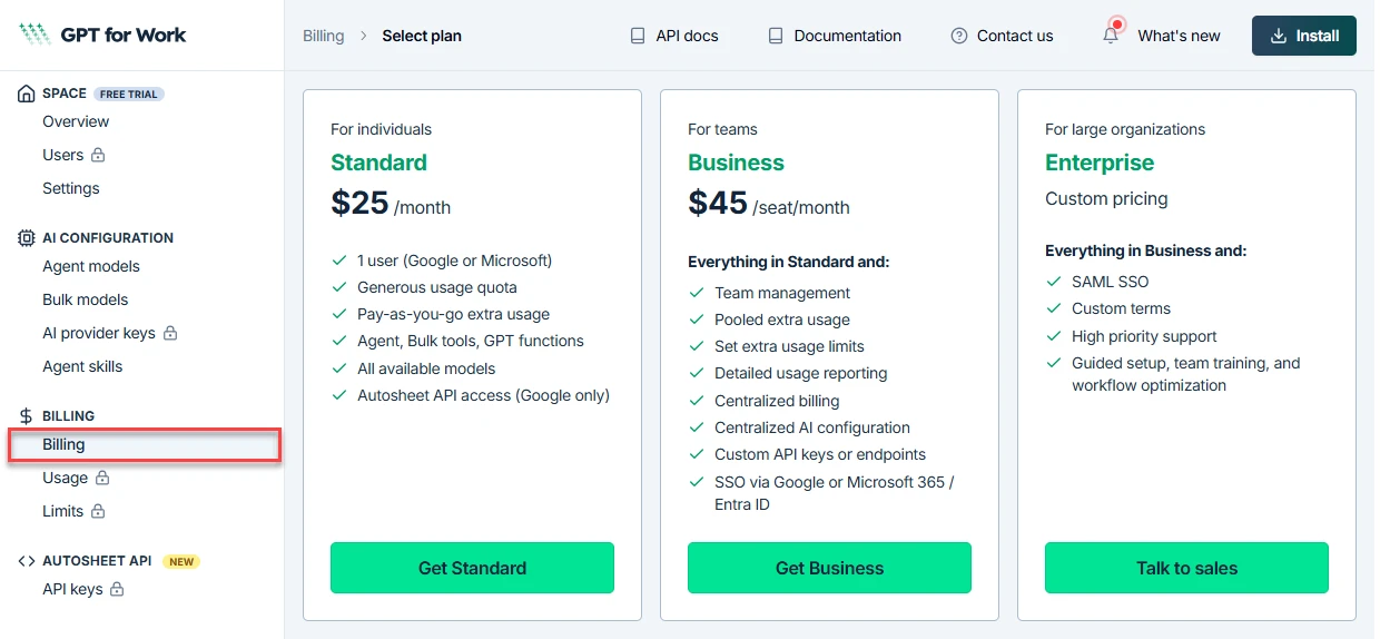 Billing page showing Standard, Business, and Enterprise plan options