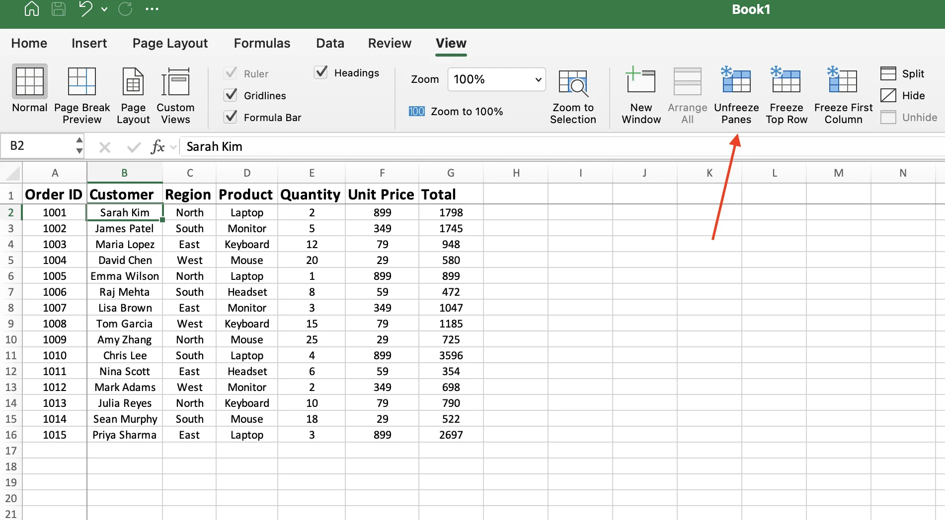 Unfreeze panes button in Excel ribbon