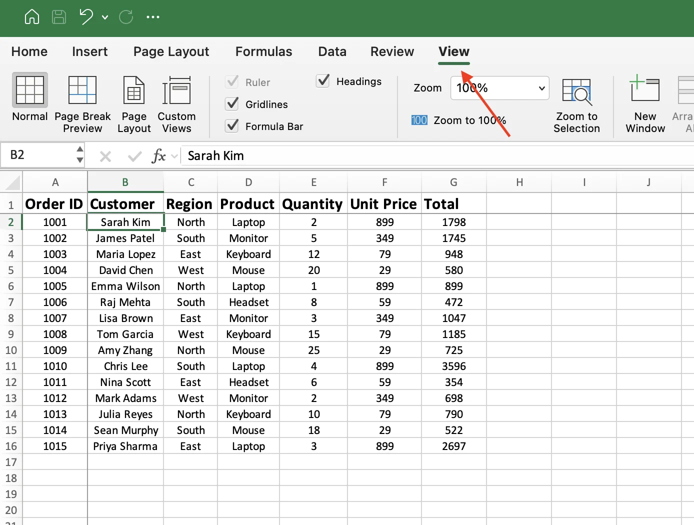 View tab with unfreeze panes option in Excel