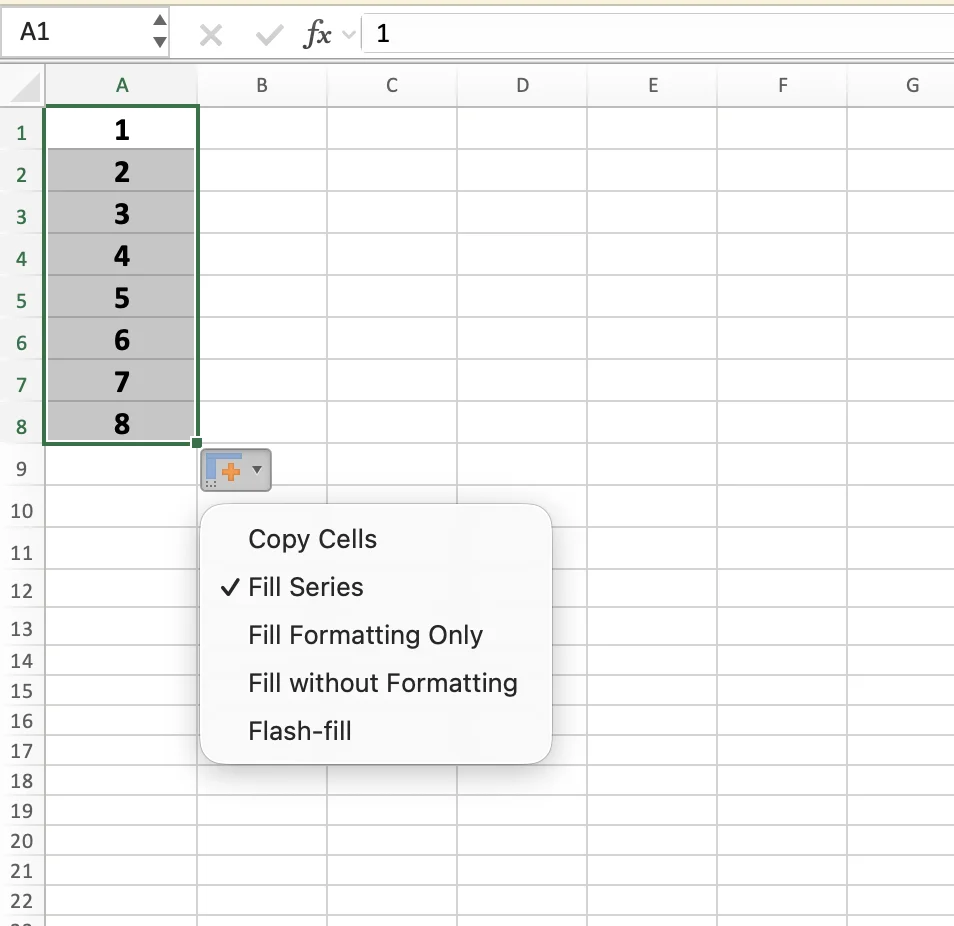 Auto Fill Options menu in Excel