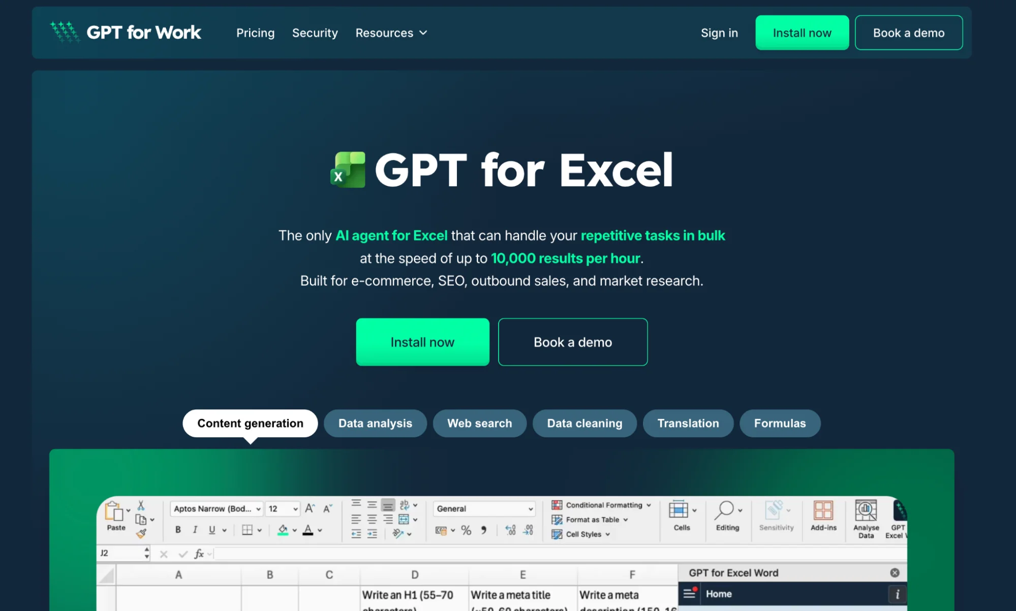 GPT for Excel AI agent in Excel sidebar